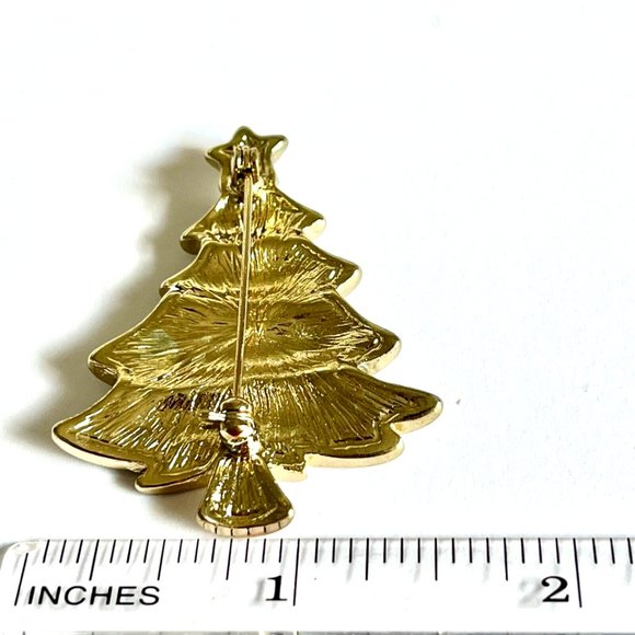 Vintage Christmas Tree Brooch Pin Green Enamel Glitter Gold Tone Plated - Picture 12 of 13